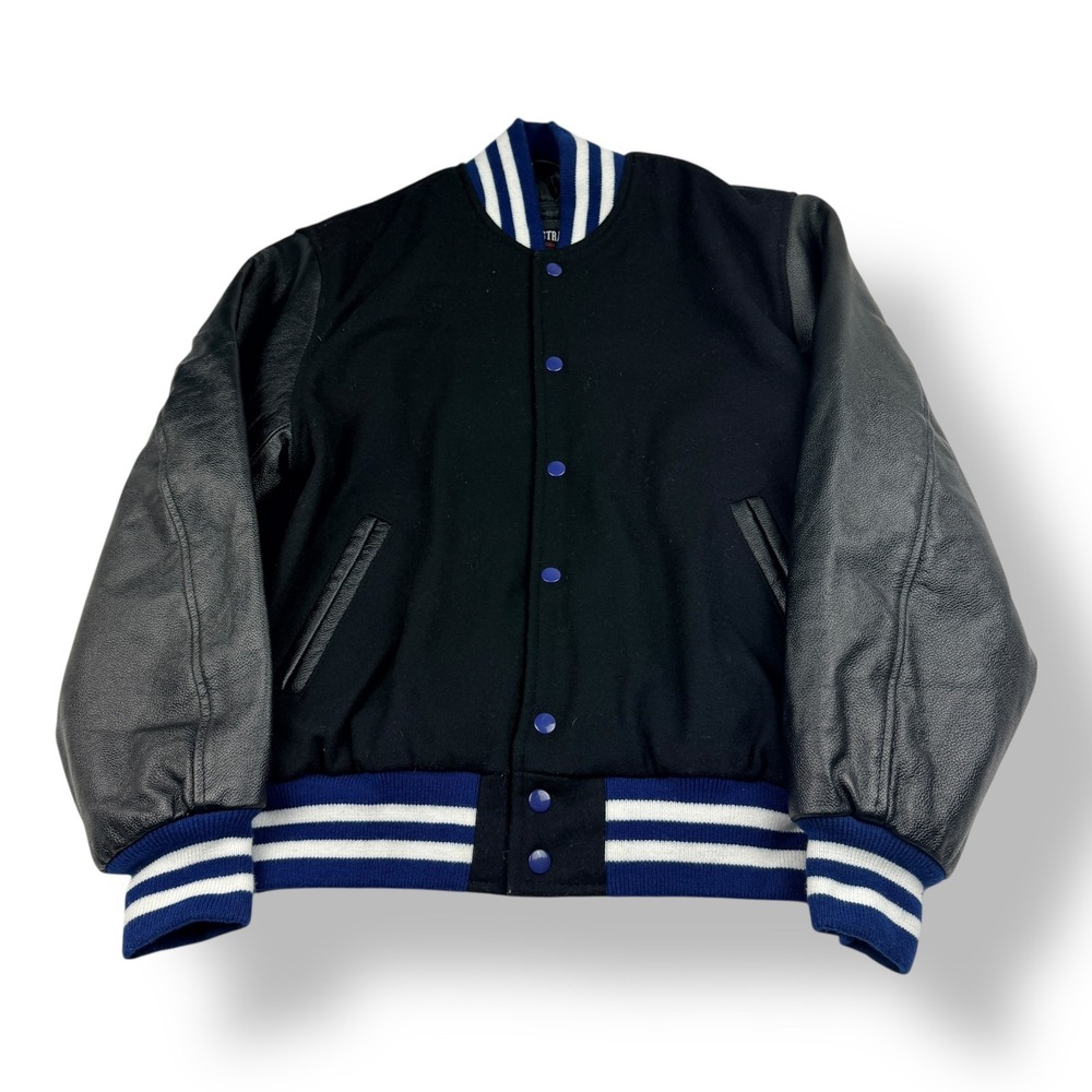 Stewart & Strauss Mens Varsity‎ Jacket Wool Leather Sleeves Black Blue Medium
